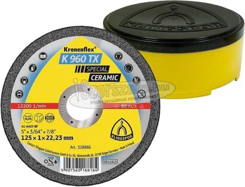 KLINGSPOR Vágókorong K 960 TX SPECIAL 115x1x22,23 mm egyenes Kerámia INOX Kronenflex 328885