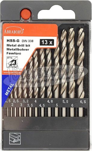 ABRABORO HSS-GS fémcsigafúró készlet DIN338 13 részes 1,5-6,5x0,5mm +3,2+4,8mm