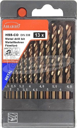 ABRABORO HSS-Co fémcsigafúró készlet DIN338 13 részes (1,5-6,5x0,5mm+3,2+4,8mm)