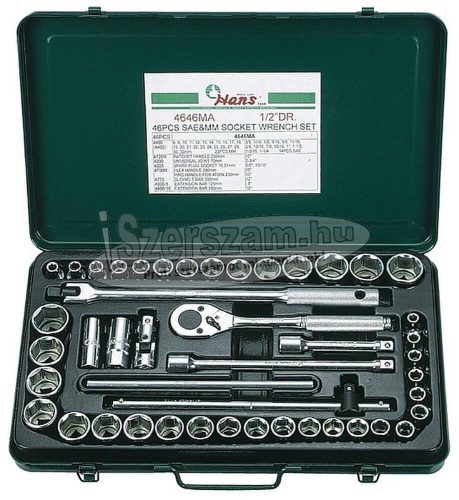 HANS 1/2" dugókulcs készlet 8-32mm + 3/8"-1-1/4" 46 részes 4646MA Cr-V