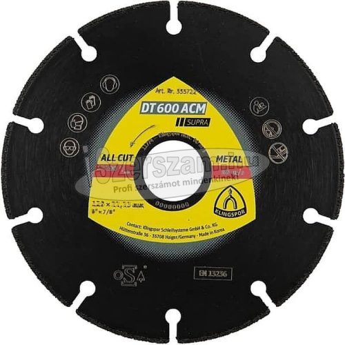 KLINGSPOR Gyémánt vágókorong DT 600 ACM SUPRA 125x1,3x22,23 mm 10 szegmens 36x1,3x1,8 mm standard 355722