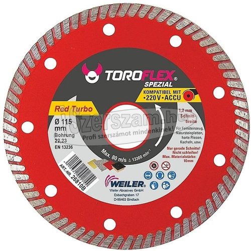 WEILER TOROFLEX RED TURBO gyémánttárcsa 115-230x1,2-1,9x22,23/SH8mm