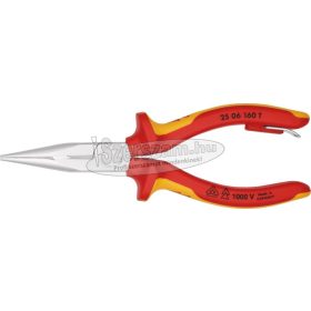   KNIPEX Szigetelt félkerekcsőrű fogó, rövid csőrű, kétkomponensű nyél 160mm, krómozott fej vágóéllel 1000V, leesés ellen biztosított 2506 160 T