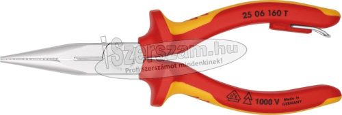 KNIPEX Szigetelt félkerekcsőrű fogó, rövid csőrű, kétkomponensű nyél 160mm, krómozott fej vágóéllel 1000V, leesés ellen biztosított 2506 160 T