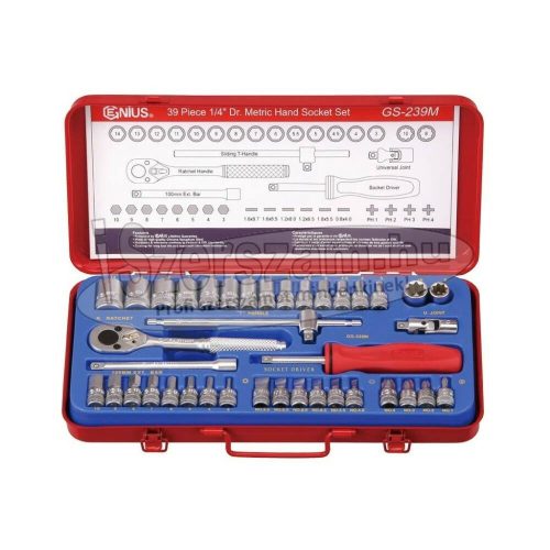 GENIUS TOOLS Dugókulcs készlet 1/4" hatlapú 3-14mm+rátűzőkulcs 39 részes GS-239M