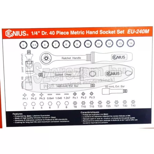 GENIUS TOOLS Dugókulcs készlet 1/4" hatlapú 5-14mm+bithegyek 40 részes EU-240M