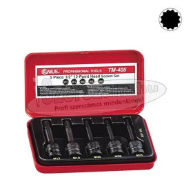   GENIUS TOOLS Légkulcsfej, gépi dugókulcsfej készlet 1/2" XZN Spline 5 részes M5-M12 TM-405