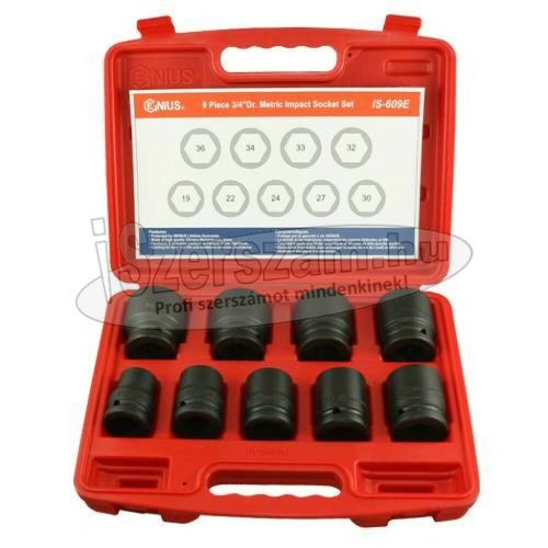 GENIUS TOOLS Légkulcsfej, gépi dugókulcsfej készlet 3/4" 9 részes 19-36mm metrikus rövid 6 lapú IS-609E