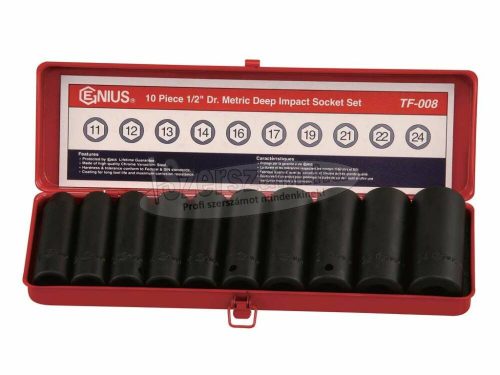 GENIUS TOOLS Légkulcsfej, gépi dugókulcsfej készlet 1/2" 10 részes 11-24mm metrikus hosszú TD-410M