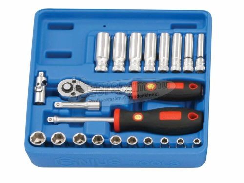 GENIUS TOOLS dugókulcs készlet 6 lapú normál+hosszú 1/4" 22 részes GS-222M