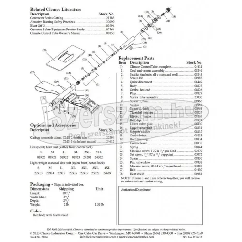 CLEMCO INTERNATIONAL Homokfúvó géphez védősisak Apollo 100-600 kiegészítő KLÍMA hűtő-fűtő 04411I
