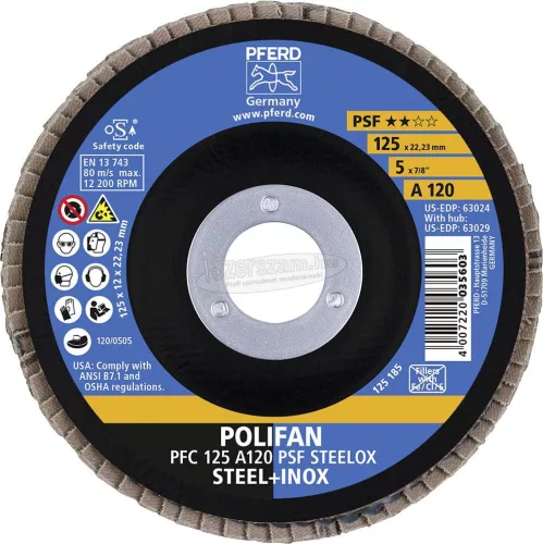 PFERD POLIFAN legyezőlapos csiszolókorong PFC 125 A 120 PSF STEELOX 67749125