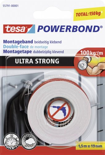TESA Rögzítő szalag, POWERBOND 1,5m x 19mm Fehér 55791-00001-00