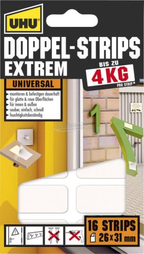 UHU Kétoldalas ragasztócsíkok, Extrem 31mmx26mm, fehér 45450 UHU, 16db 45450