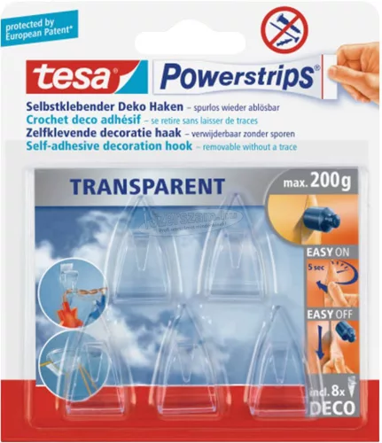 TESA Kétoldalas ragasztós akasztó, átlátszó, TESAPOWERSTRIPS Deco 58900-00013-20
