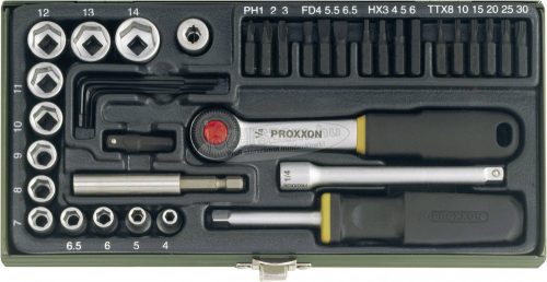 PROXXON INDUSTRIAL 38 részes ipari csavarhúzó készlet, dugókulcs készlet, mágneses betéttartóval 6,3mm (1/4”) 23070