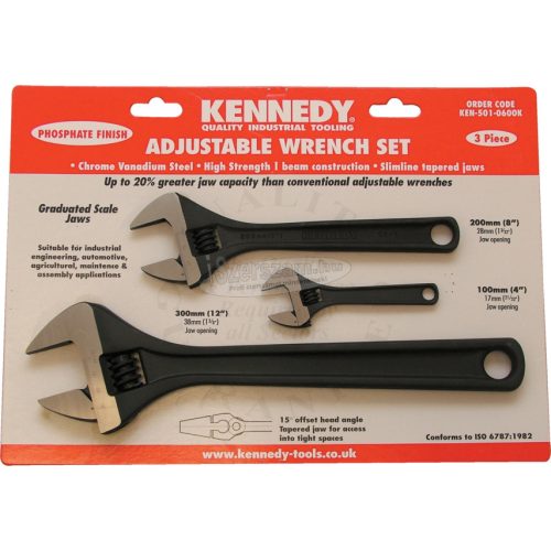 KENNEDY 4"/8"/12" ÁLLÍTHATÓ CSAVARKULCS KÉSZLET, FOSZFATÁLT KEN5010600K