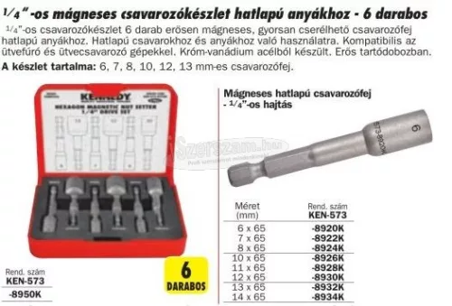 KENNEDY 6DB MÁGNESES HATLAPÚ CSAVAROZÓFEJ KÉSZLET 1/4" DR KEN5738950K