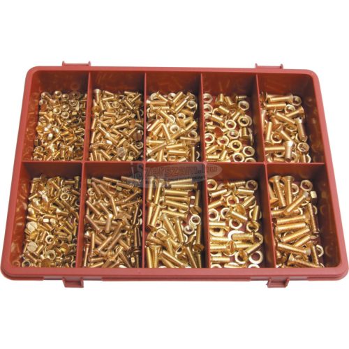 QUALFAST FASTENING PRODUCTS SÁRGARÉZ EGYHORNYÚ SÜLLY, FEJŰ TÖVIGMENETES ANYACSAVAR ÉS ALÁTÉTGYŰRŰ KÉSZLET QFT6155470K