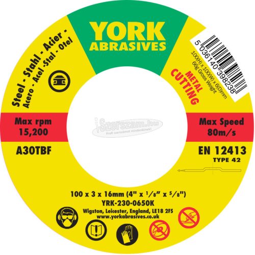 YORK ABRASIVES 100X3X16 A30TBF VÁGÓKORONG, T42 YRK2300650K