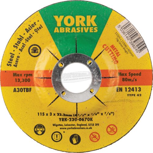 YORK ABRASIVES 115X3X22,23 A30TBF VÁGÓKORONG, T42 YRK2300670K