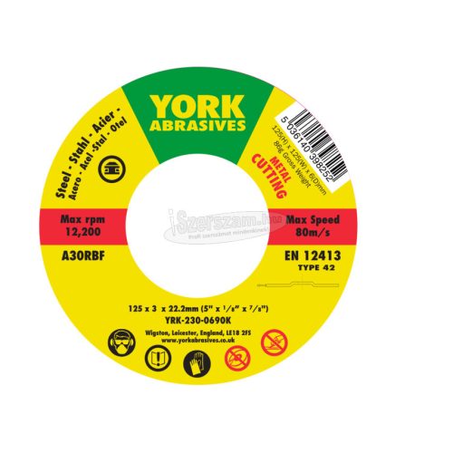 YORK ABRASIVES 125X3X22,23 A30RBF VÁGÓKORONG, T42 YRK2300690K