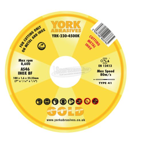 YORK ABRASIVES 180X1,6X22,23mm AS46 INOX BF VÁGÓKORONG YRK2304500K