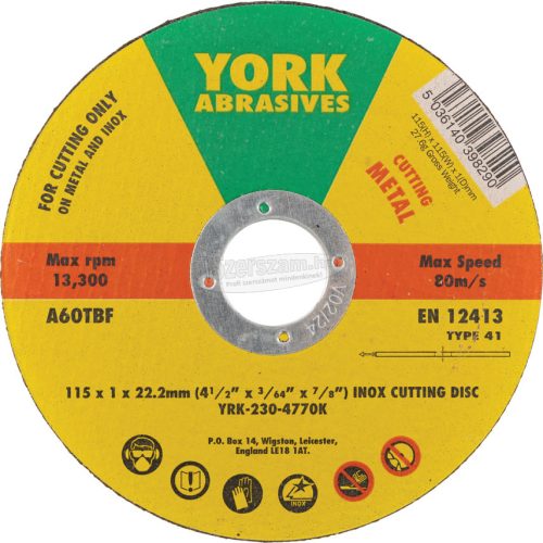 YORK ABRASIVES 115X1X22,23mm A60TBF INOXVÁGÓKORONG,T41 YRK2304770K