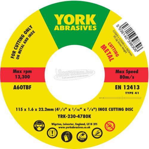 YORK ABRASIVES 115X1,6X22,23mm A60TBF INOX VÁGÓKORONG,T41 YRK2304780K