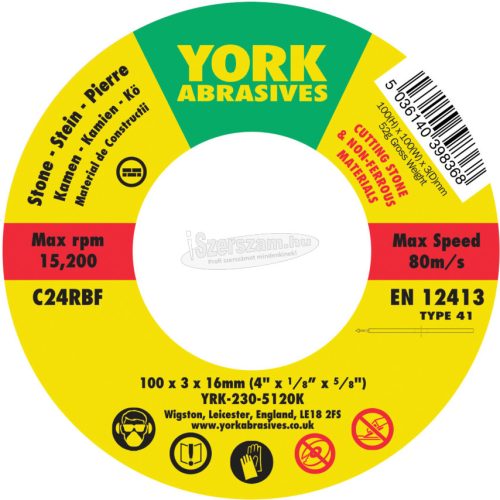 YORK ABRASIVES 100X3X16 C24RBF LAPOS VÁGÓKORONG T41 YRK2305120K