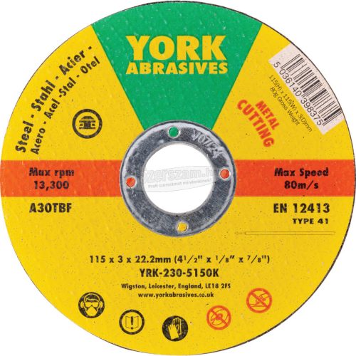 YORK ABRASIVES 115X3X22,23 A30TBF LAPOS VÁGÓKORONG T41 YRK2305150K