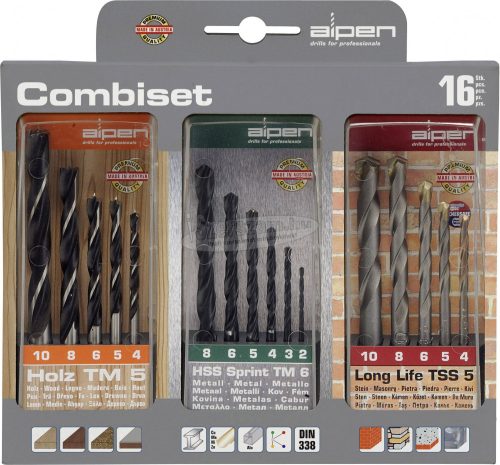 Alpen Univerzális fúrókészlet fa+kő+fém 2-10mm 16 részes 801003100