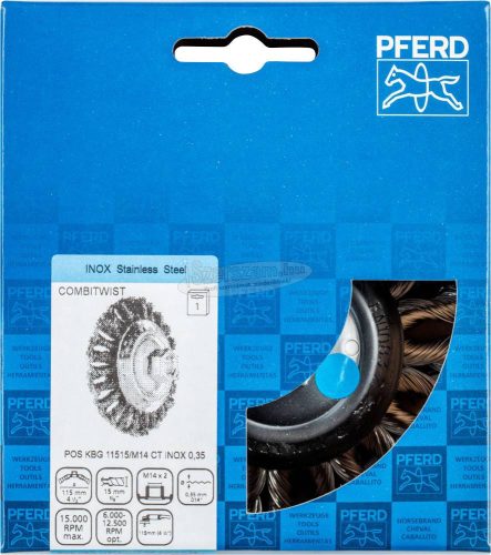 PFERD kúpos kialakítású kefe menettel, fonott POS KBG 11515/M14 CT INOX 0,35 43315013