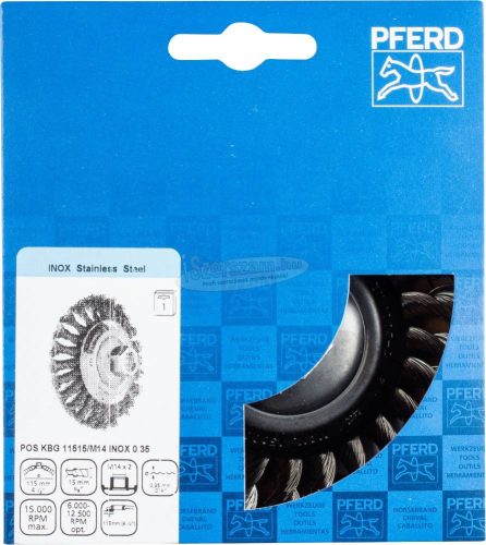 PFERD kúpos kialakítású kefe menettel, fonott POS KBG 11515/M14 INOX 0,35 43315003