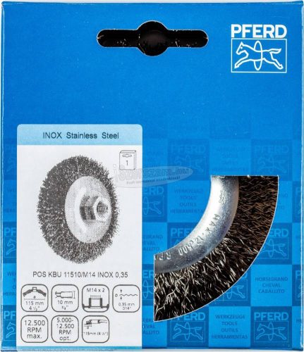 PFERD kúpos kialakítású kefe menettel, fonatlan POS KBU 11510/M14 INOX 0,35 43316023