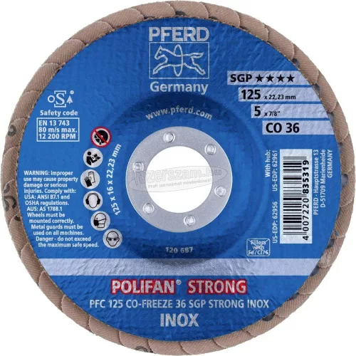 PFERD POLIFAN legyezőlapos csiszolókorong PFC 125 CO-FREEZE 36 SGP STRONG INOX 67789025
