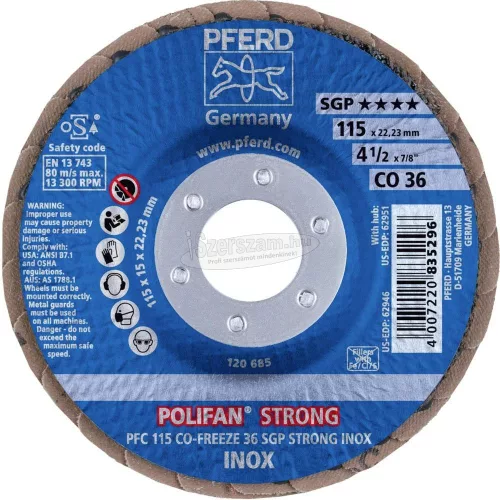 PFERD POLIFAN legyezőlapos csiszolókorong PFC 115 CO-FREEZE 36 SGP STRONG INOX 67789015