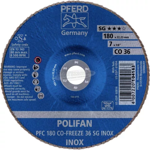 PFERD POLIFAN legyezőlapos csiszolókorong PFC 180 CO-FREEZE 36 SG INOX 67718036
