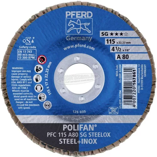 PFERD POLIFAN legyezőlapos csiszolókorong PFC 115 A 80 SG STEELOX 67708115