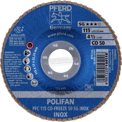 PFERD POLIFAN legyezőlapos csiszolókorong PFC 115 CO-FREEZE 50 SG INOX 67711550