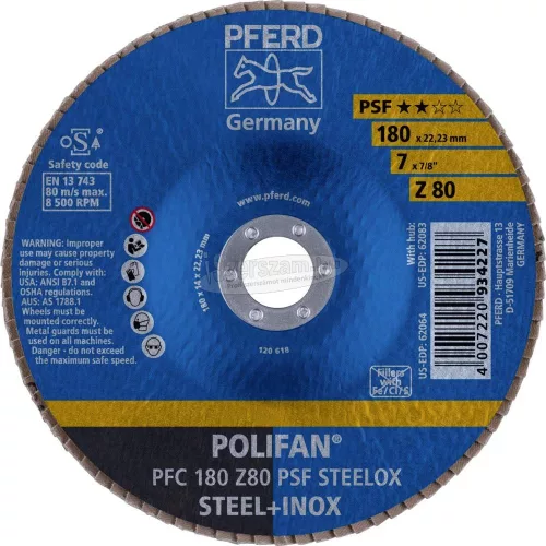 PFERD POLIFAN legyezőlapos csiszolókorong PFC 180 Z 80 PSF STEELOX 67768185