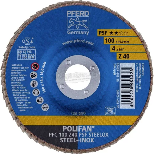 PFERD POLIFAN legyezőlapos csiszolókorong PFC 100 Z 40 PSF STEELOX/16,0 67764100