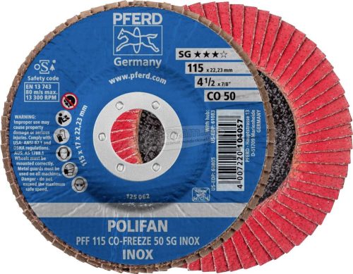 PFERD POLIFAN legyezőlapos csiszolókorong PFF 115 CO-FREEZE 50 SG INOX 67611550