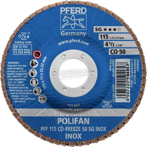 PFERD POLIFAN legyezőlapos csiszolókorong PFF 115 CO-FREEZE 50 SG INOX 67611550
