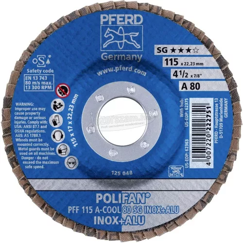 PFERD POLIFAN legyezőlapos csiszolókorong PFF 115 A-COOL 80 SG INOX+ALU 67658115