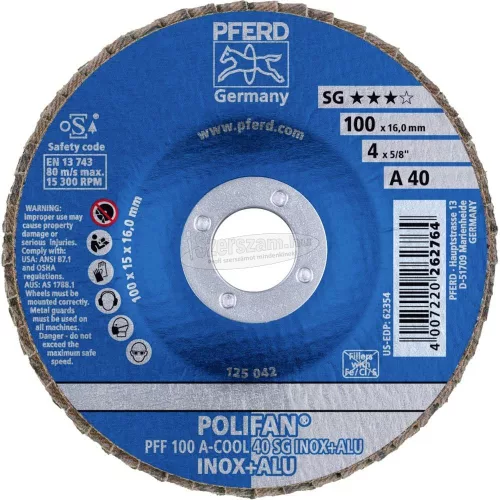 PFERD POLIFAN legyezőlapos csiszolókorong PFF 100 A-COOL 40 SG INOX+ALU/16,0 67654100