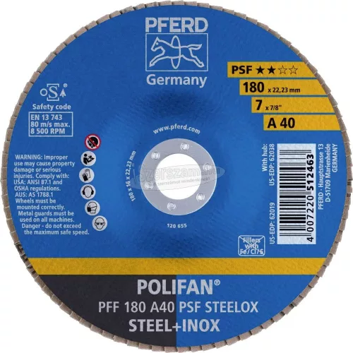 PFERD POLIFAN legyezőlapos csiszolókorong PFF 180 A 40 PSF STEELOX 67644185