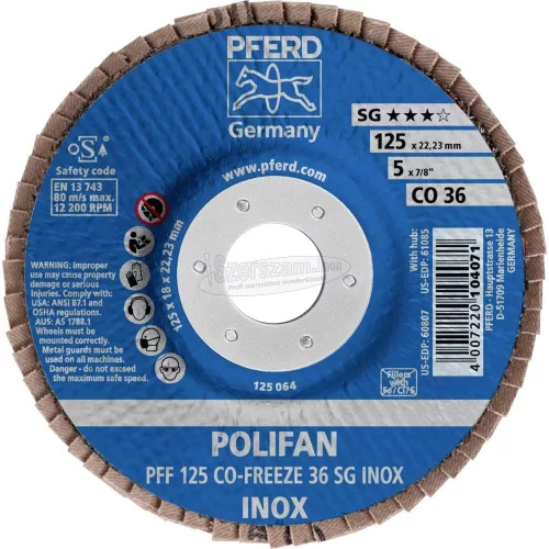 PFERD POLIFAN legyezőlapos csiszolókorong PFF 125 CO-FREEZE 36 SG INOX 67612536