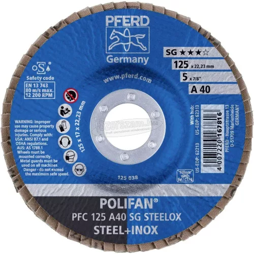 PFERD POLIFAN legyezőlapos csiszolókorong PFC 125 A 40 SG STEELOX 67704125