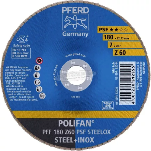 PFERD POLIFAN legyezőlapos csiszolókorong PFF 180 Z 60 PSF STEELOX 67666185